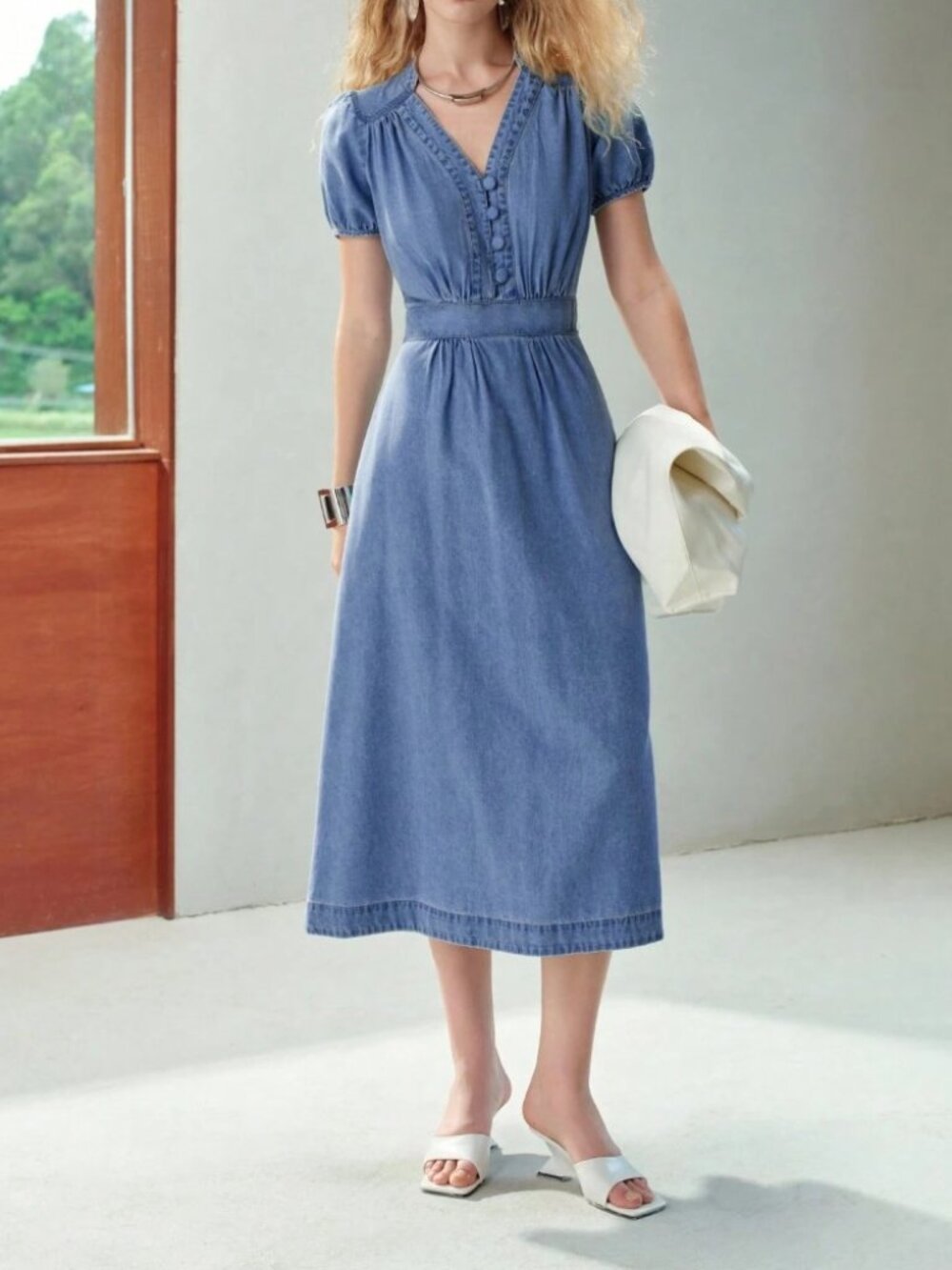 Blue Denim V Neck Button Front Short Puff Sleeve Midi Dress